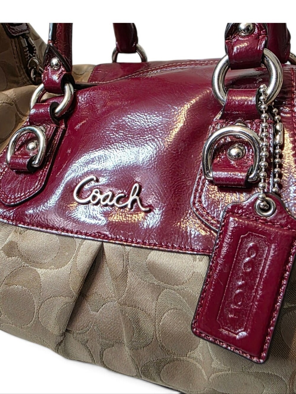 Coach Ashley Signature Satchel in Burgundy Patent Leather - Picture 4 of 9